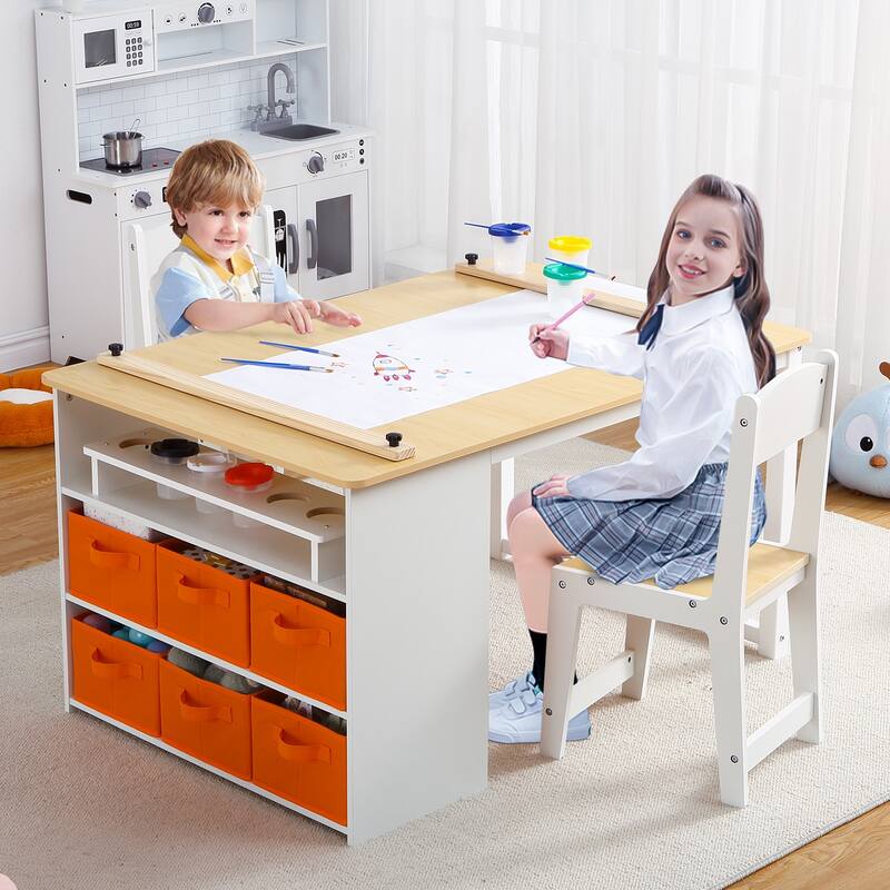 Kids Art Table and 2 Chairs with Storage Bins,Toddler Activity Table