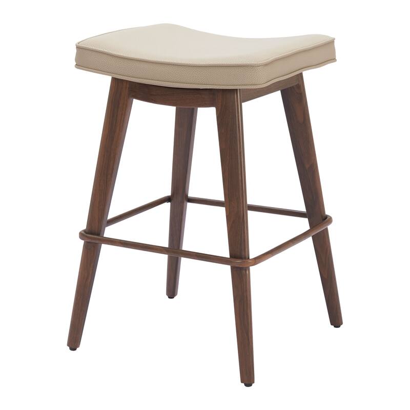 HomeRoots Set of Two 27" Beige and Walnut Faux Leather and Steel Backless Counter Height Bar Chairs