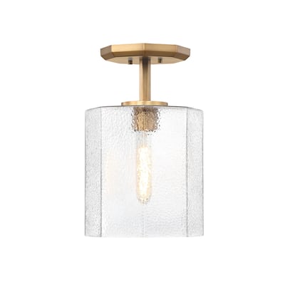Haven 10 in. Old Satin Brass Modern Semi-Flush Mount with Clear Rippled Glass Shade for Hallways
