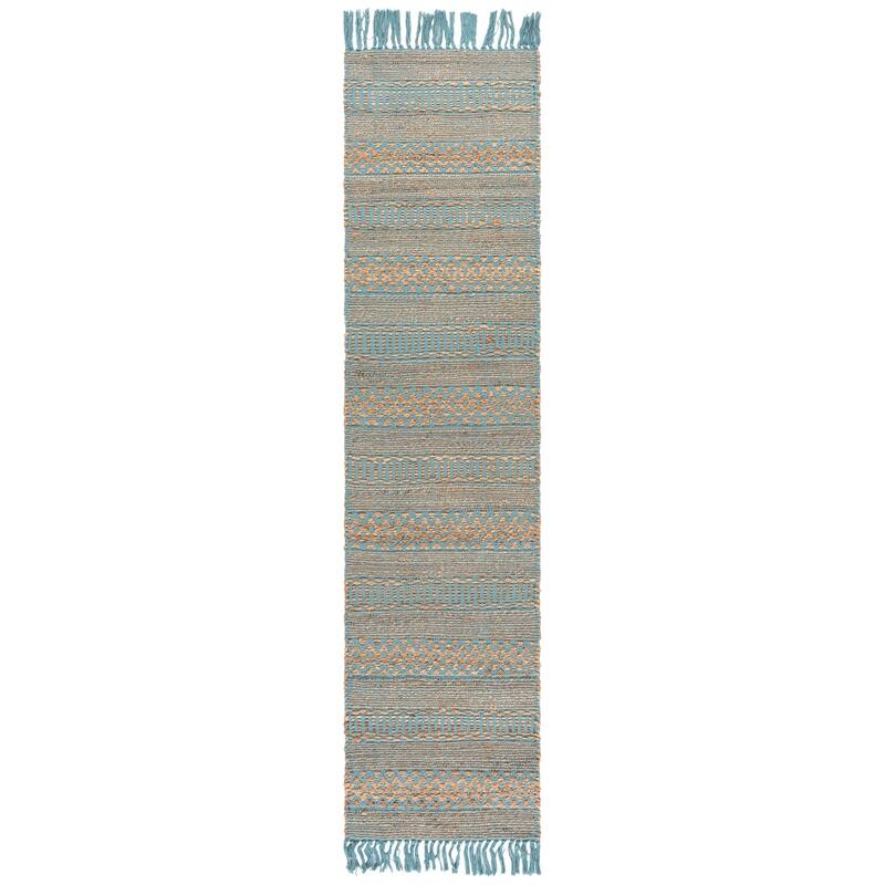 SAFAVIEH Hand-Woven Natural Fiber Ingebjorg Bohemian & Eclectic Cotton Rug - 2' x 9' Runner - Natural/Aqua