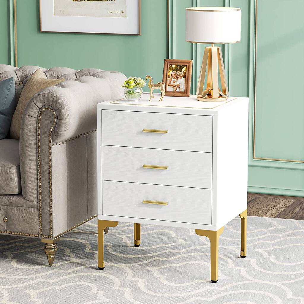 White and Gold Nightstand with 3 Drawers for Living Room, Bedroom