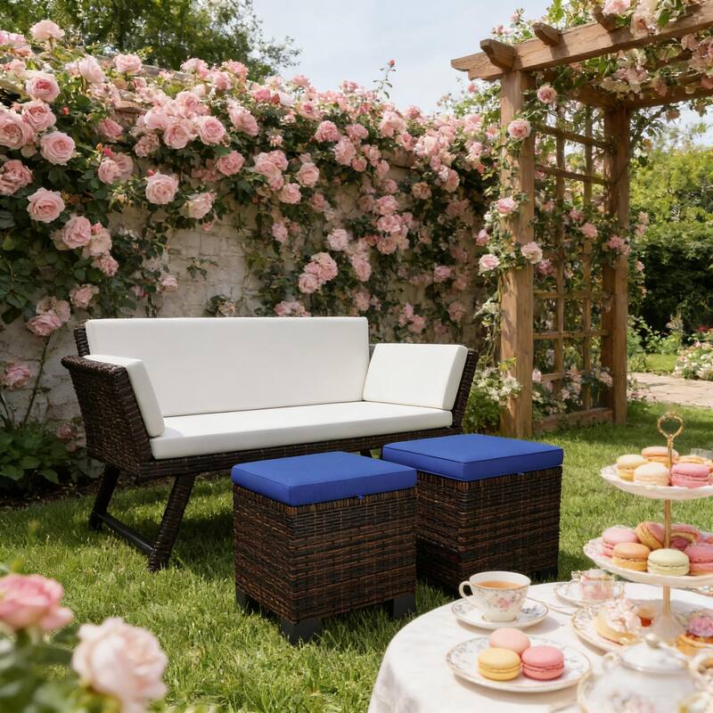 GDFStudio - Miles Versatile Wicker Ottoman Cubes for Outdoor Seating and Flexible Use Set of 2 - Ottomans - Brown,Dark Blue