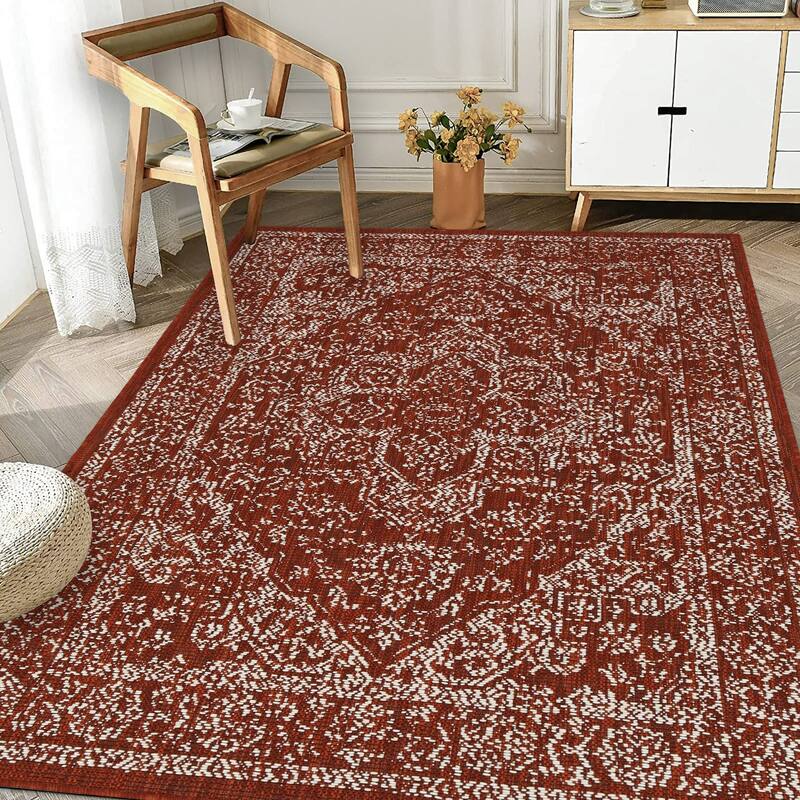 Indoor/Outdoor Area Rug/ Runner/ Doormat- Blue & Natural & Red & Taupe Color -Machine Washable, Weather and UV Resistant-Zaria
