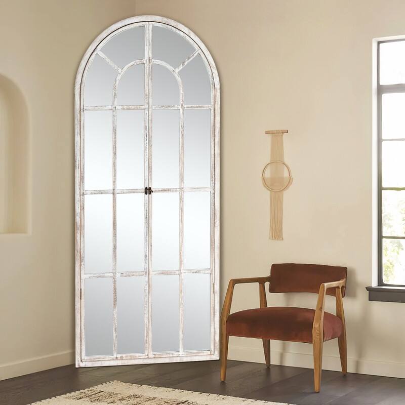 Classic Arched Solid Wood Solid Wood Window Pane Full Length Mirror Arched Top Rectangle Freestanding - 71"x31"