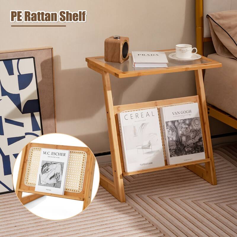 Gymax Z-shaped End Table Glass Top Bamboo Side Table w/ Magazine Rack
