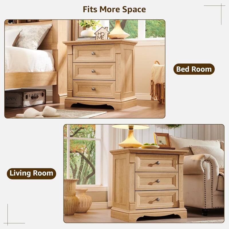 Farmhouse 3 Drawers Nightstand with Charging Station, Rustic End Table