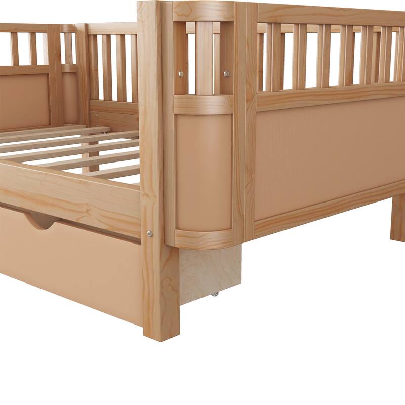 Wooden Daybed with Rails, Low Profile Platform Sofa Bed Frame with 2 Storage Drawers, No Box Spring Needed