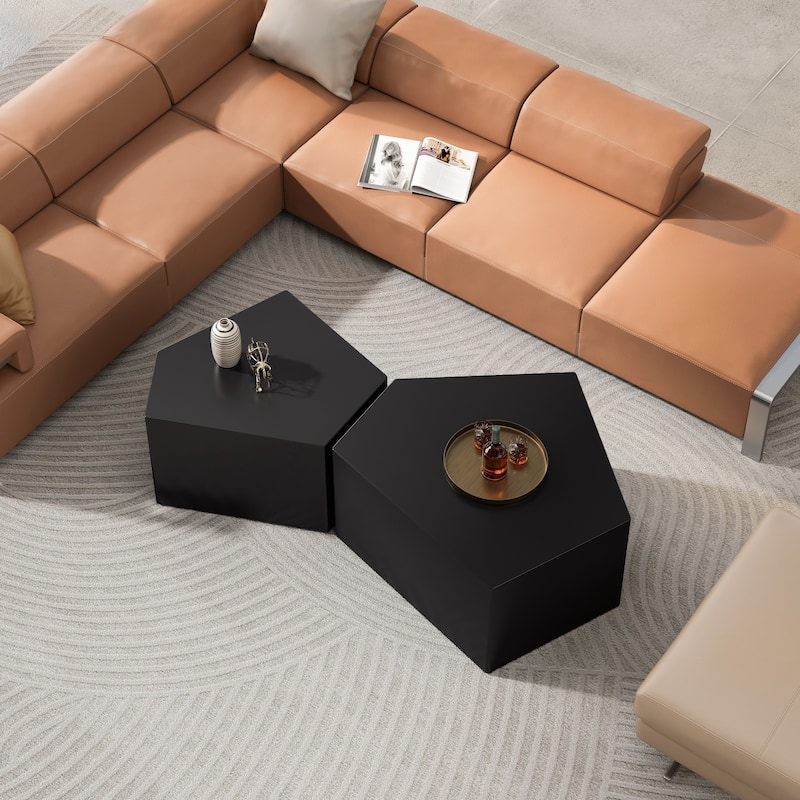 Pentagon Nesting Coffee Table Set, Geometric Center Table Set Set of 2, Irregular Wood Cocktail Table for Living Room