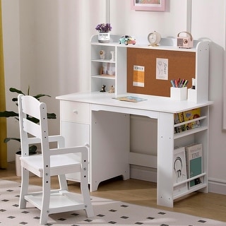 Kids Desk and Chair Set, Wooden Study Table with Storage Shelf