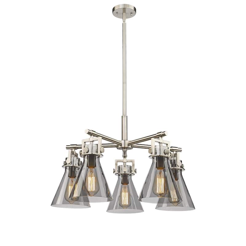 Innovations Lighting Newton Cone - 5 Light 7" Stem Hung Chandelier - Satin Nickel/Light Smoke