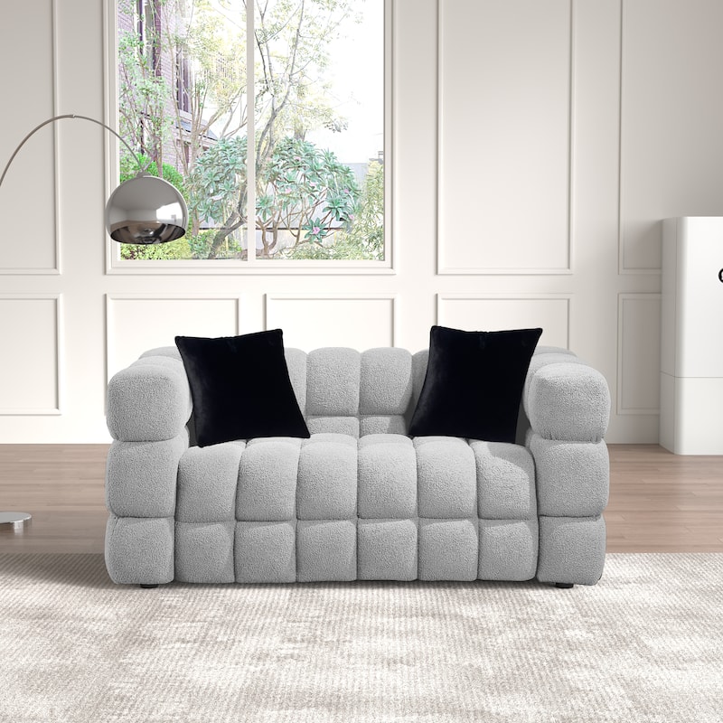 Wayna Modern Square Sofa, Sherpa Thick Cushion Double Sofa - 2seat - Light Grey
