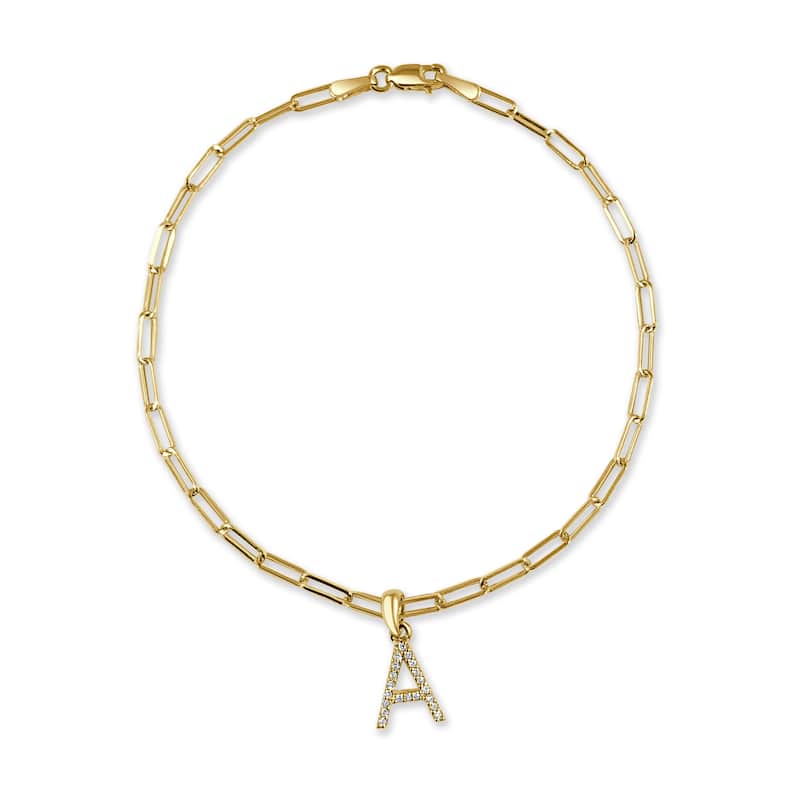 Joelle Collection Diamond Initial Letter A-Z Bracelet Paperclip 14K Gold 7" Chain 1/10 TDW Bracelet - A - Yellow