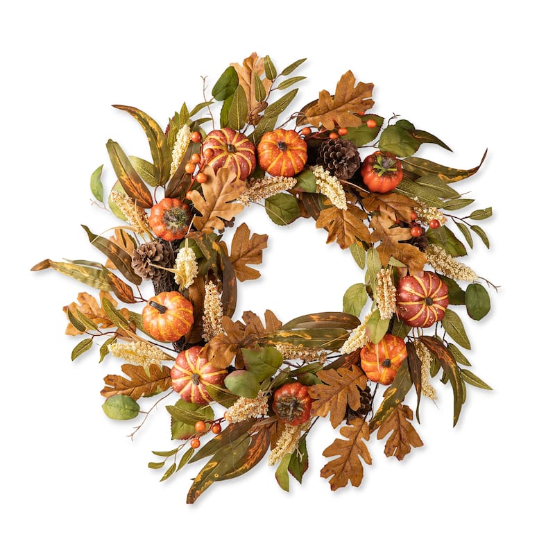 Glitzhome Fall Pumpkin Leaf Pine Cones Floral Swag Wreath Garland Thanksgiving Decor