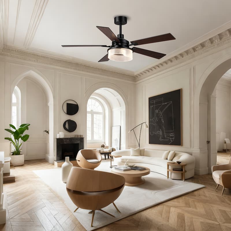 52" Modern Matte Black Reversible 5 Blades Dimmable LED Ceiling Fan with Light and Remote