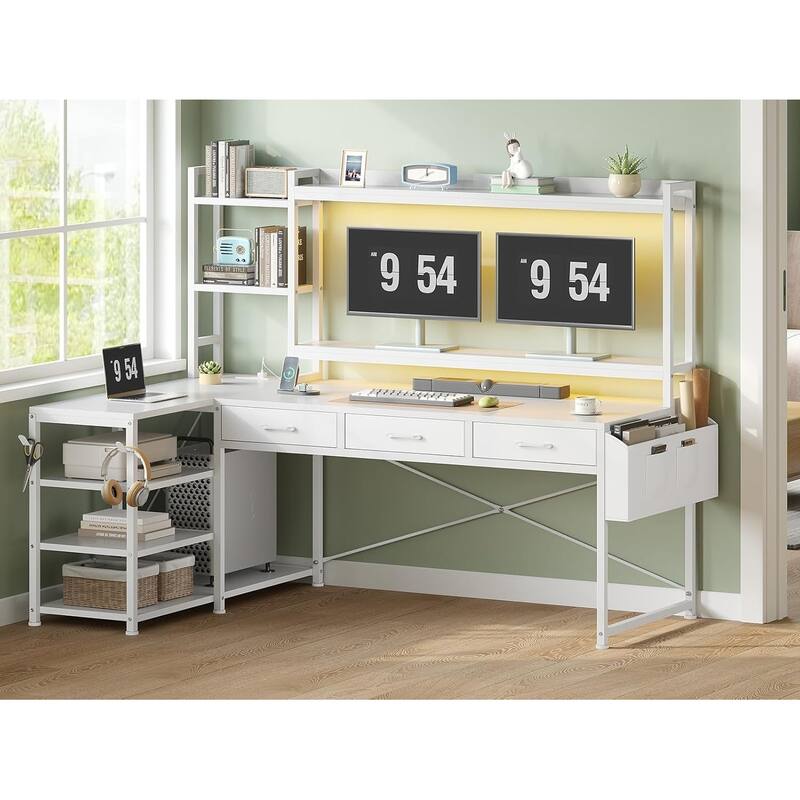 55" L Shaped Gaming Desk Corner Computer Desk Fabric Drawers