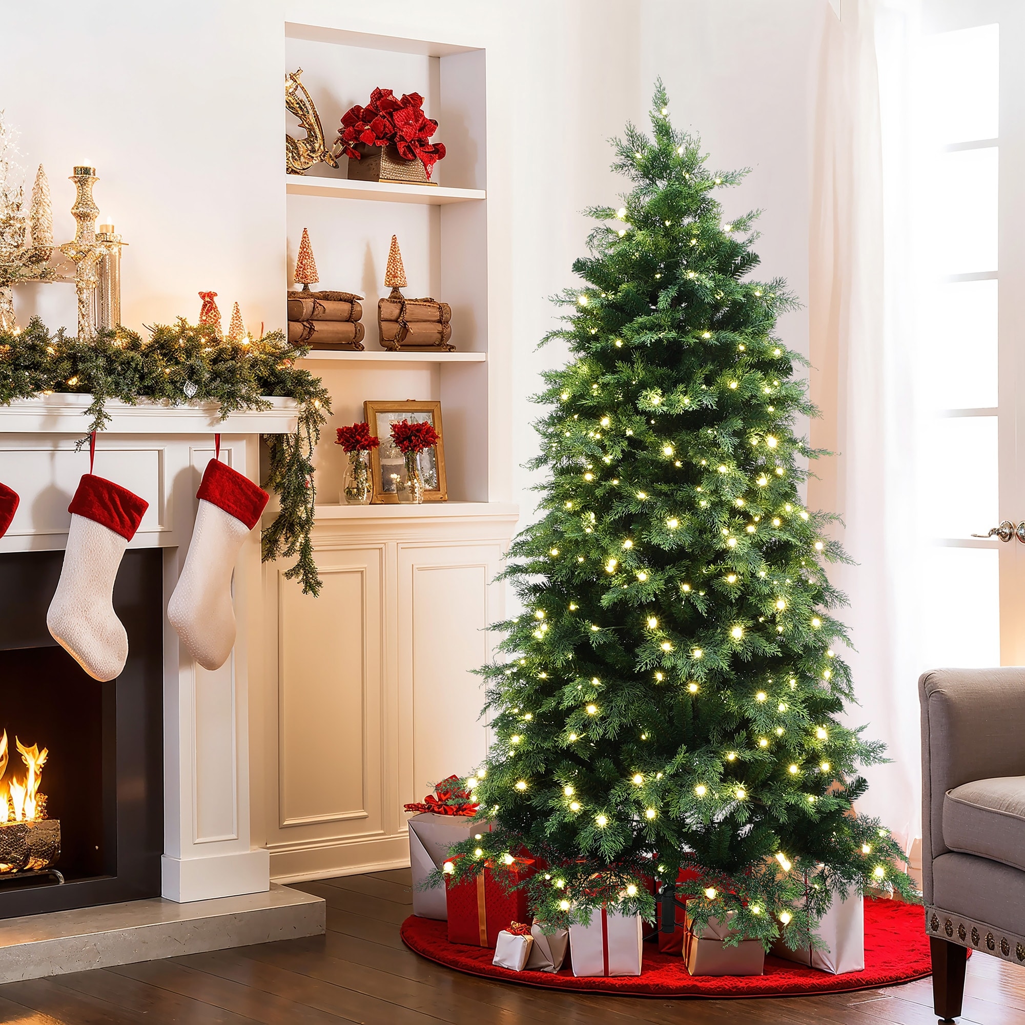 6Ft Pre-Lit Green Artificial Full Christmas Tree with Metal Stand - 70.8" H x 45.6" Diameter