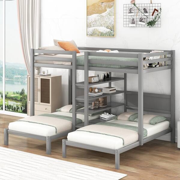 slide 2 of 18, Pine Wood Bunk Bed, 4-Shelf Storage, Built-in Ladder, 3 Beds in 1