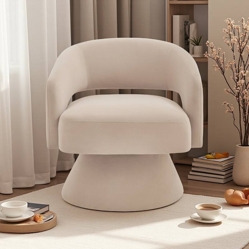 Velvet 360° Swivel Barrel Chair with Rotating Open-Back and Solid Wood Base - taupe