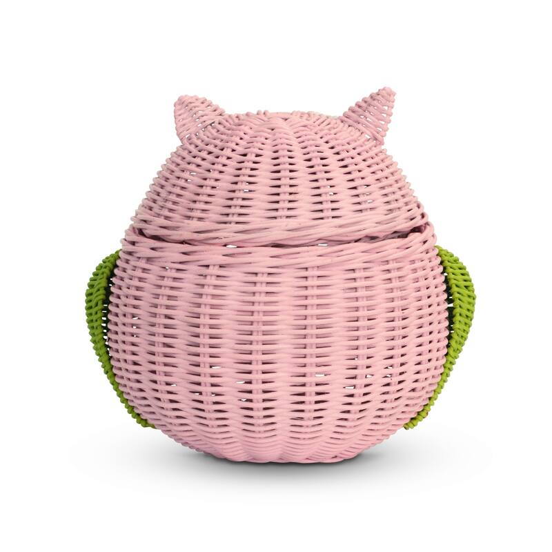 Pink Owl Rattan Storage Basket with Lid Decorative Home Decor Hand Woven Shelf Organizer Cute Handmade Handcrafted Gift Art