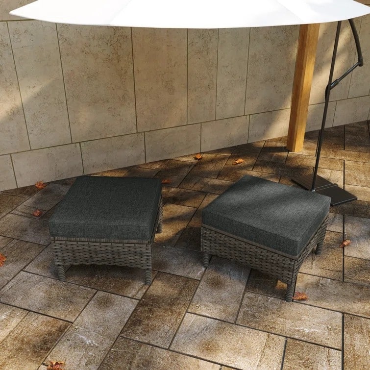 22"W Wicker Ottoman Patio Ottoman with Seat Cushion Set of 2 - Dark Grey