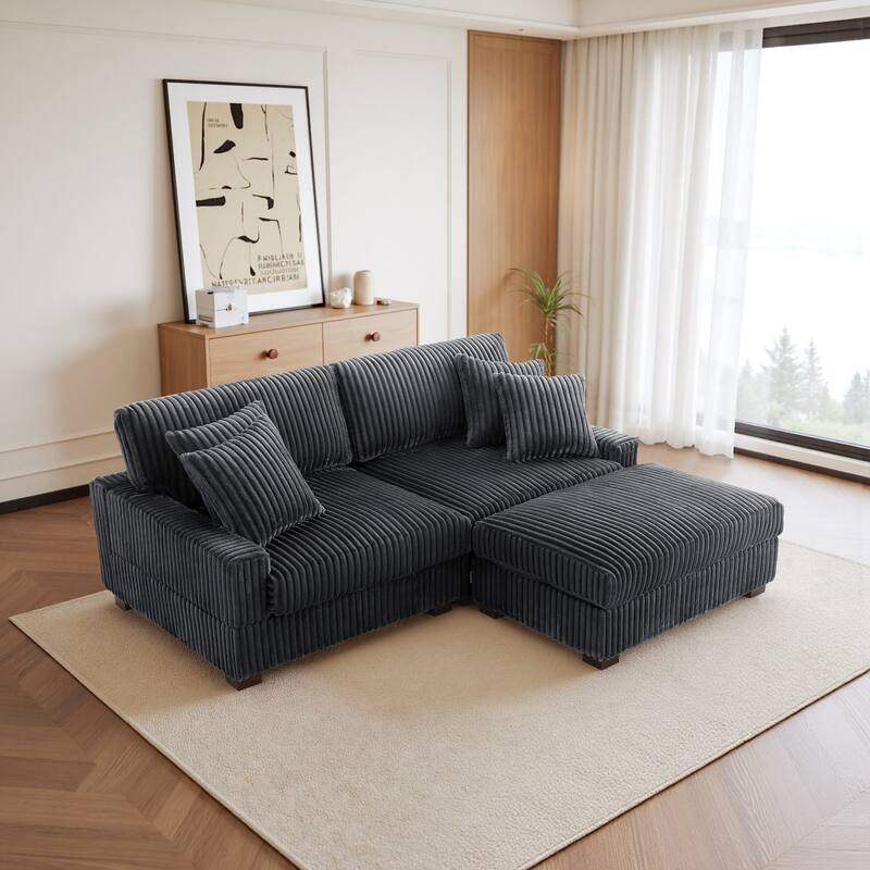 Modular Armchair and Ottoman Set with Adjustable Headrest, Flannel Upholstery