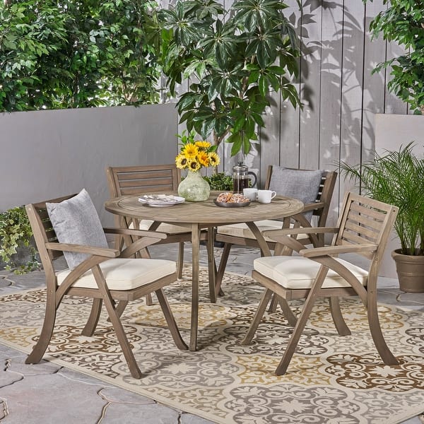 slide 1 of 5, Hermosa Outdoor 5 Piece Acacia Wood Dining Set by Christopher Knight Home Gray Finish + Creme Cushion