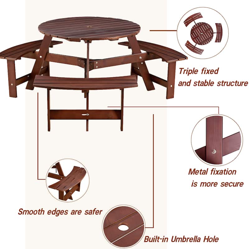 Outdoor 6 Person Picnic Table,6 person Round Picnic Table with 3 Built-in Benches,Umbrella Hole,Outside Table and Bench Set