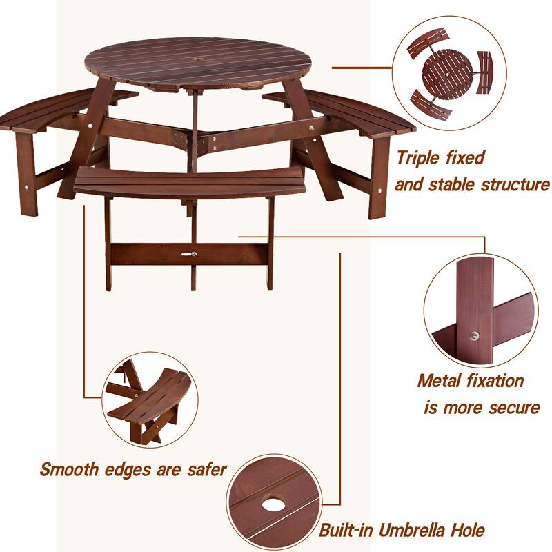 Outdoor 6 Person Round Picnic Table with 3 Built-in Benches, Umbrella Hole for Garden, Backyard, Porch
