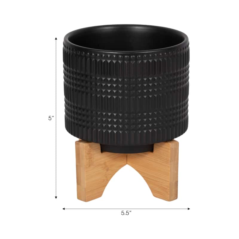 Black Ceramic Planter on Bamboo Stand Contemporary Embossed Tribal Design For Indoor or Outdoor Plants, Succulents,
