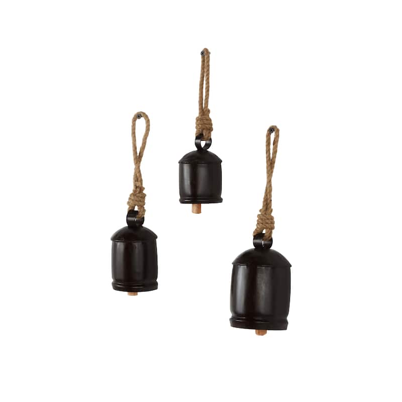 Metal Cluster Indoor Outdoor Decorative Cow Bells with Jute Hanging Rope - Set of 3 Black or Gold - Roche River Decor