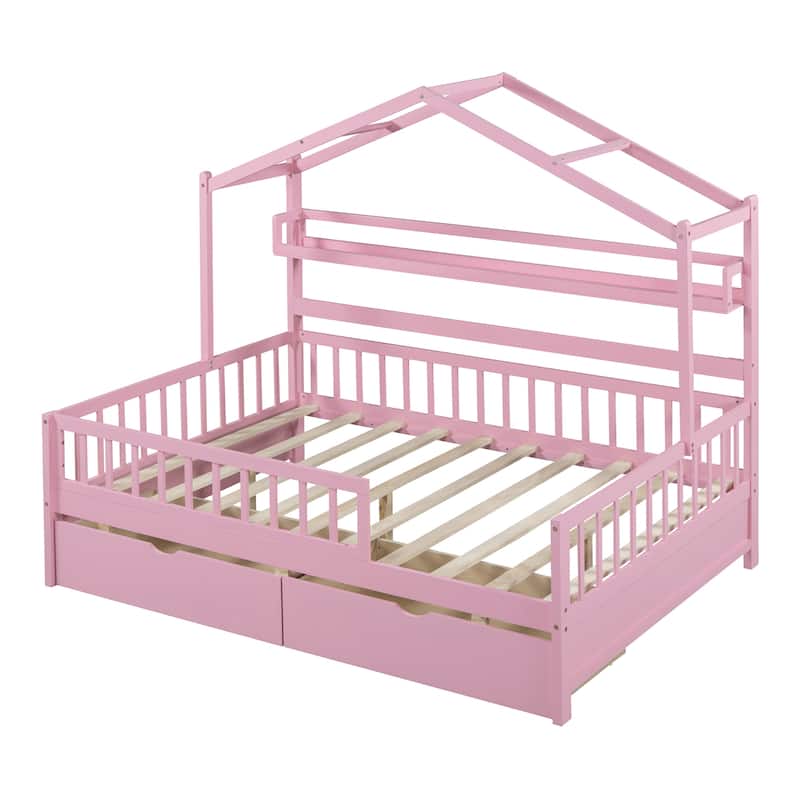 Children's Wooden House Bed with Drawers and Shelf, Twin/Full Size