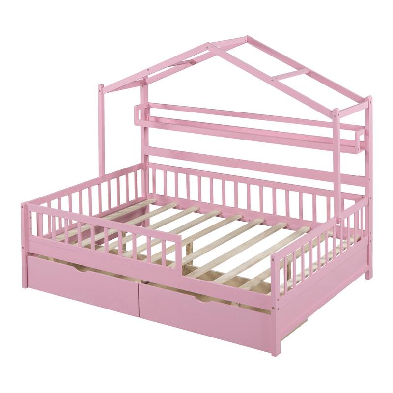 Pine House Bed with Roof, Drawers, and Shelf