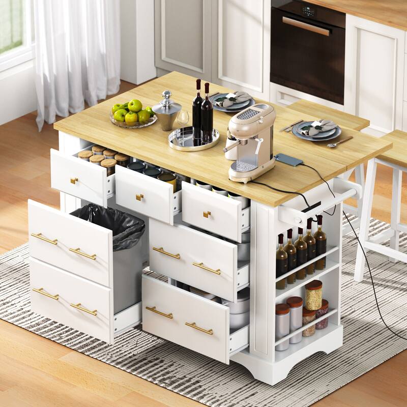 Rolling Kitchen Island with Drop Leaf, 6 Drawers, 5 Wheels, Pull Out Trash Can Storage, Power Outlet & 5 Open Side Racks - White