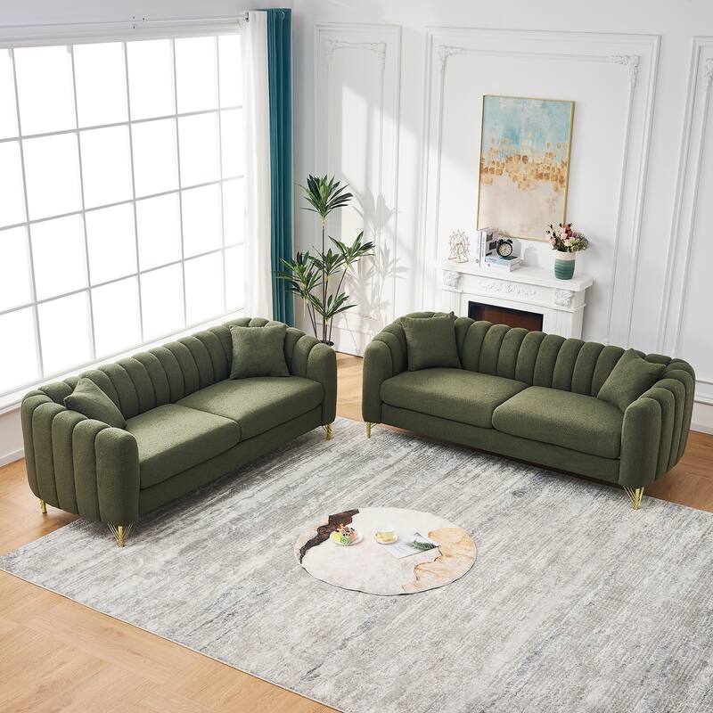 Roomfitters Two 85" Modern Teddy Fabric Sofa Set with Gold Legs, Channel Stitched 2-Piece Living Room Furniture Set