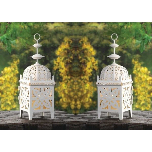 Set of 2 White Filigree Candle Lanterns