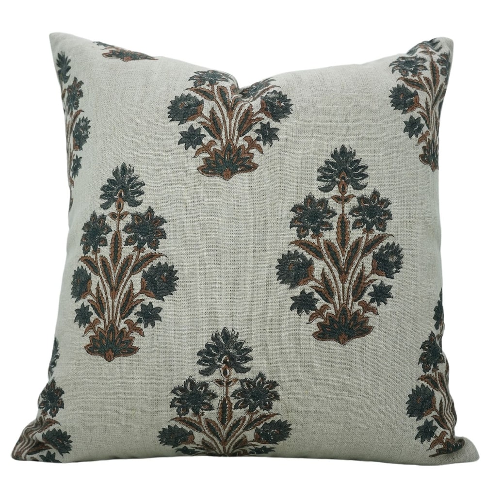 Fabdivine Floral Block Print Linen Pillowcase for Fall Home Décor Vintage Handmade Farmhouse Cushion Cover, Grey, Morpankh
