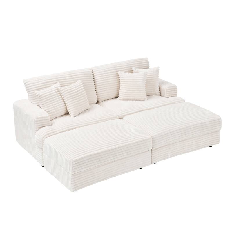 Corduroy Sleeper Sectional Sofa Loveseat Couch with 2 Storage Ottomans