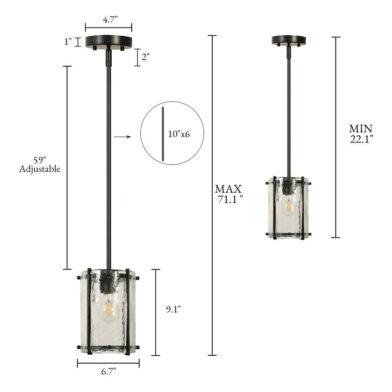 Modern Black 1-Light Pendant Light with Handmade Glass for Kitchen Island - Dia. 6.7" x H 9.1"