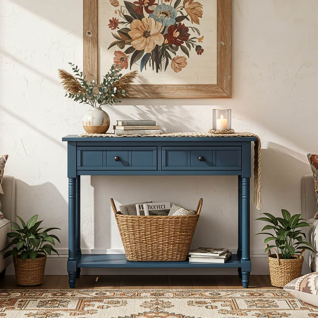 Chic Console Table Side Table Coffee Table with Drawers, Dark Navy Entryway Table Corridor Table with Bottom Shelf