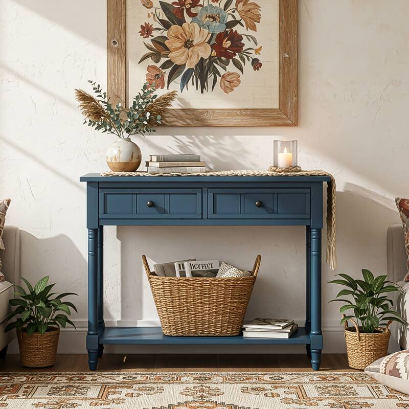 Solid Wood Console Table Sofa Table with 2 Drawers and Bottom Storage Shelf for Entryway Hallway - Dark Navy