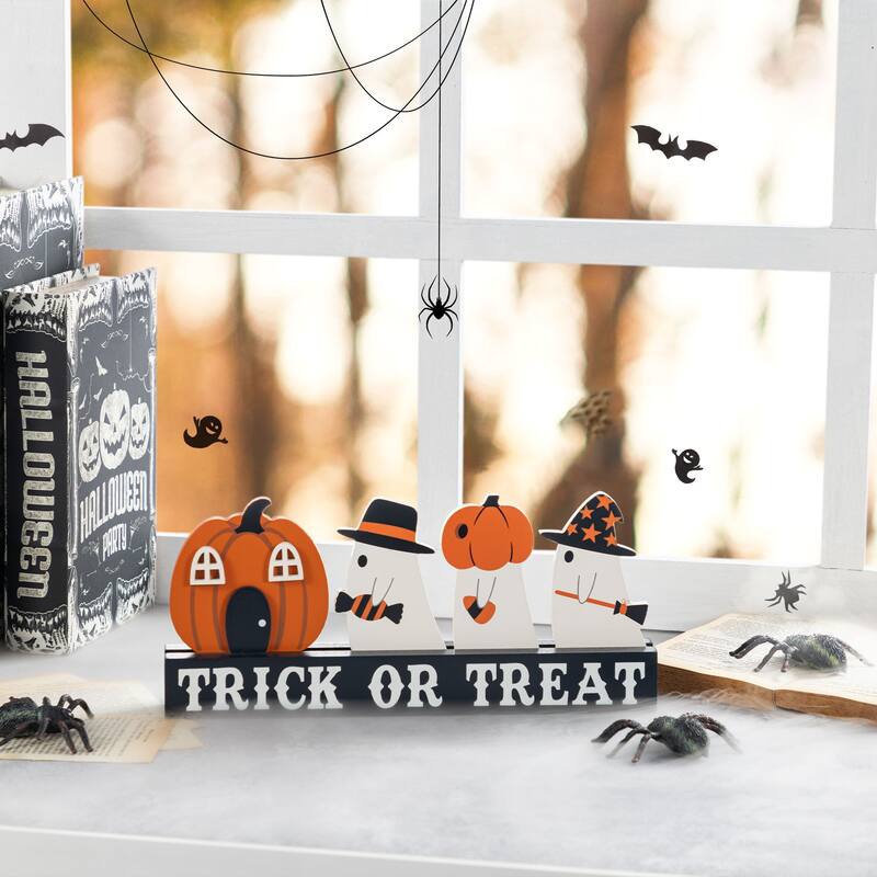 Glitzhome Halloween Wooden Table Decor Trick or Treat Pumpkin Ghosts Sign Gifts - Black/White - Black/White
