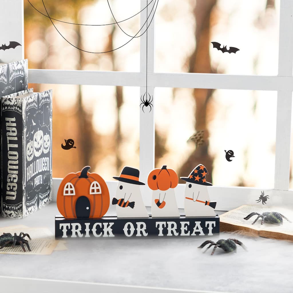 Glitzhome Halloween Wooden Table Decor Trick or Treat Pumpkin Ghosts Sign Gifts - Black/White
