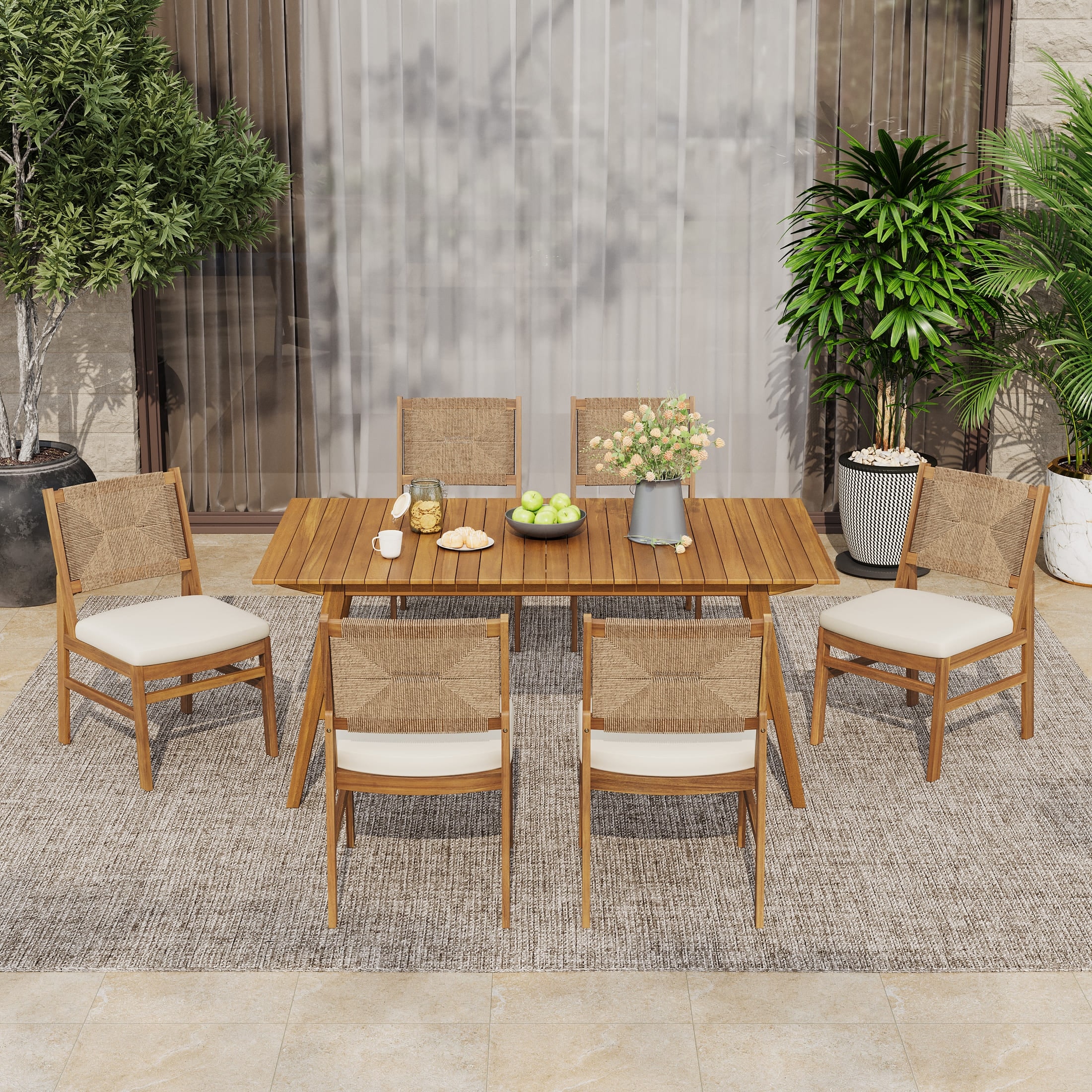 Christopher Knight Home - 7-Piece Outdoor Dining Set Acacia Wood with Teak Finish, Wicker Woven Chairs and Cushions Included