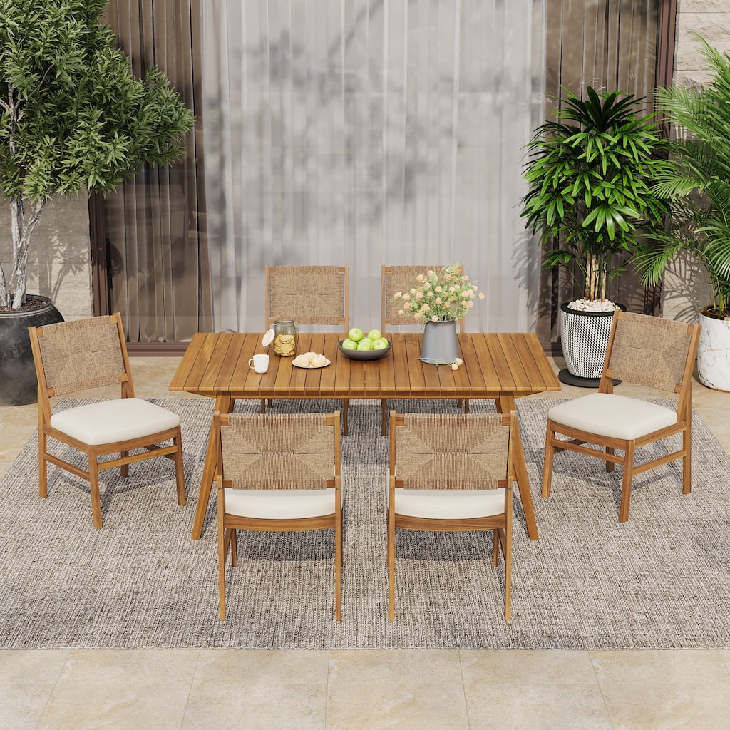 Christopher Knight Home - 7-Piece Outdoor Dining Set Acacia Wood with Teak Finish, Wicker Woven Chairs and Cushions Included