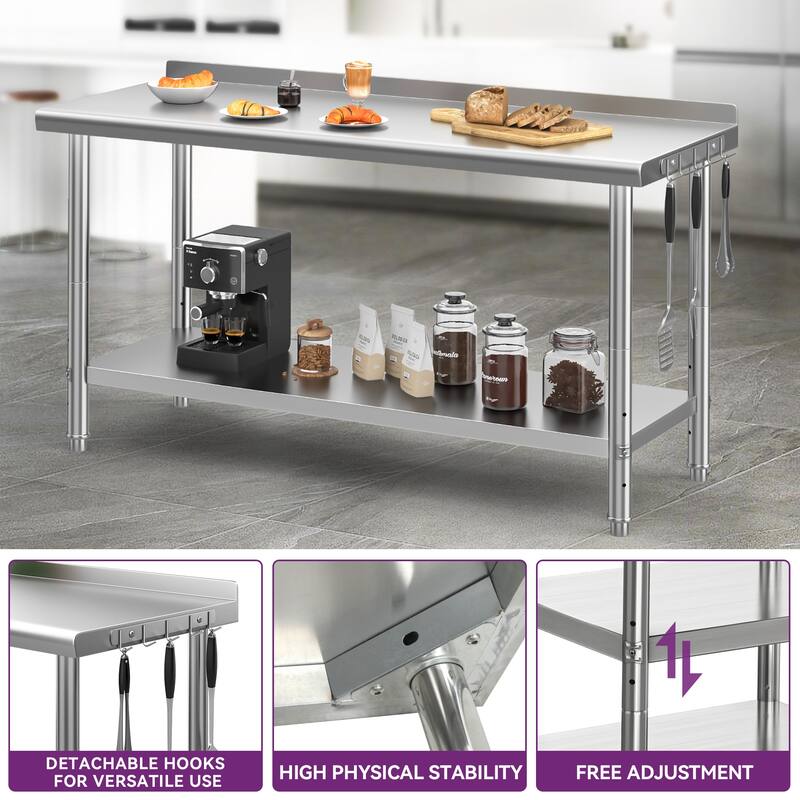 Stainless Steel Overshelf, 2 Tier Overshelf with Hook, Adjustable Double Overshelf for Kitchen Prep Table