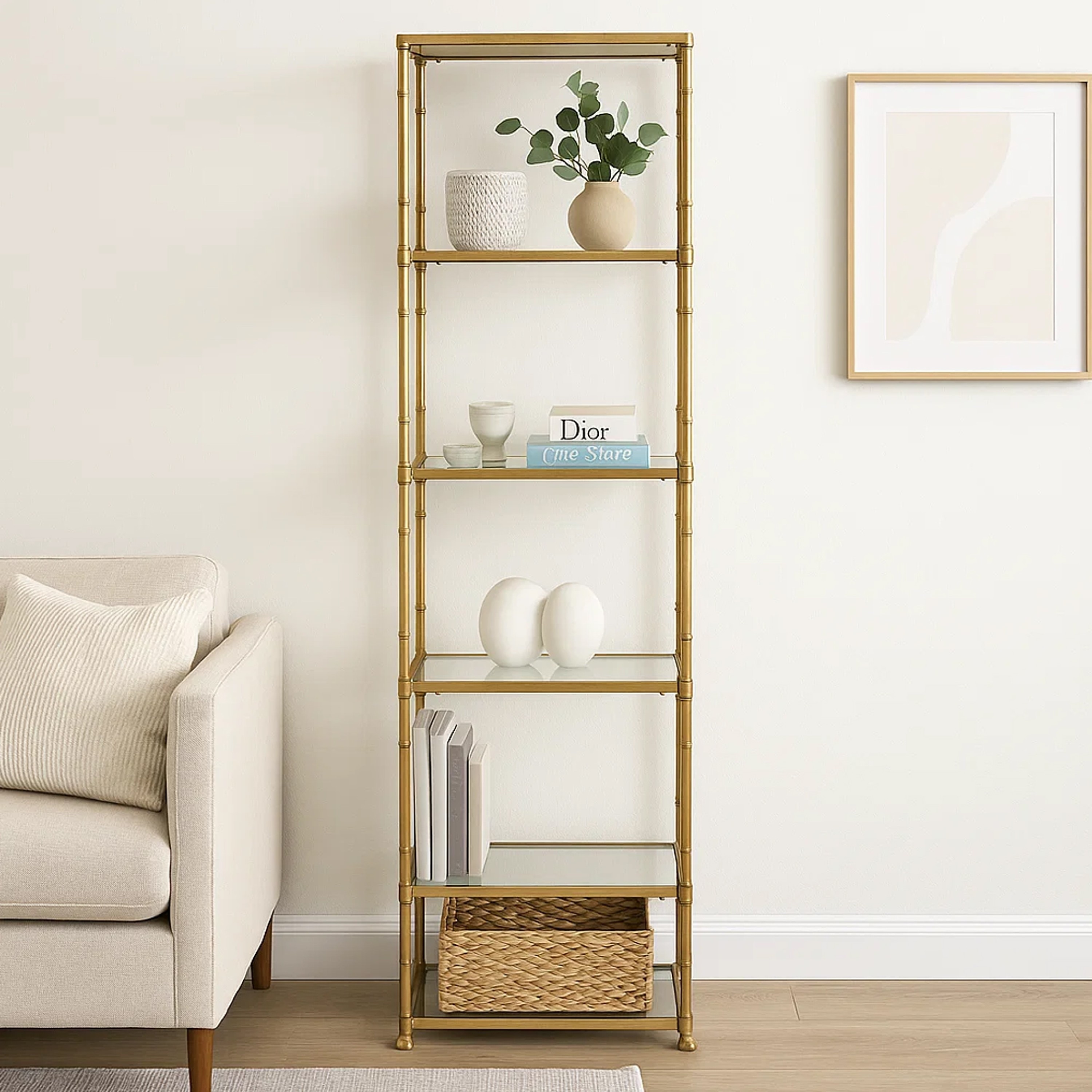 71 Inch Shelf, 6 Tier Design, 5 Glass Shelves, Iron Frame, Gold
