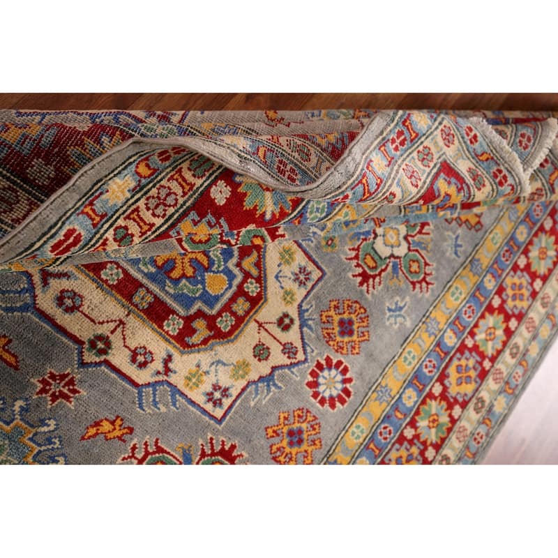 Gray Geometric Kazak Oriental Area Rug Hand-Knotted Wool Carpet - 4'11" x 6'10"