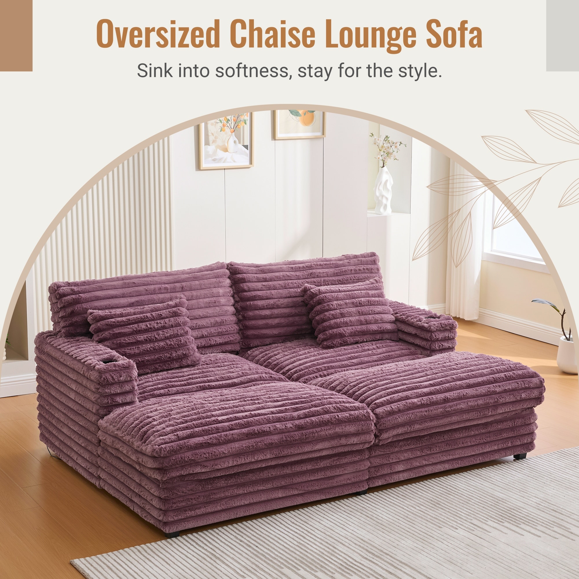 Oversized Double Chaise Lounge Sofa Cloud Sofa Bed Upholstered Sleeper Sofa Daybed with 2 Pillows, USB Ports and Cup Holders