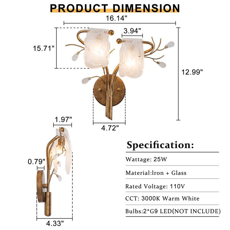 2-Light Wall Sconce with Floral Branch Design and White Glass Shades