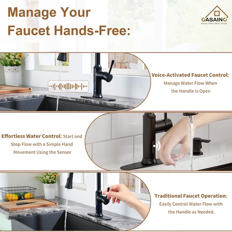 Smart Touchless Single Handle Pull-Down Sprayer Kitchen Faucet with Infrared Sensor and Smart Voice Control